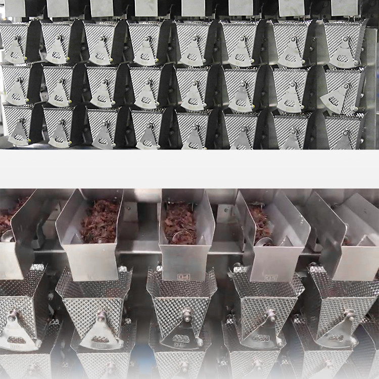 Industrial Dimpled Double Hopper Screw Feeding Multihead Weigher Untuk Cadangan Iga Makanan Lengket Segar
