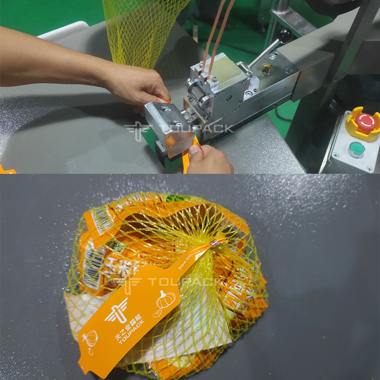Mesin kemasan kantong jaring semi otomatis untuk kacang oranye kentang bawang