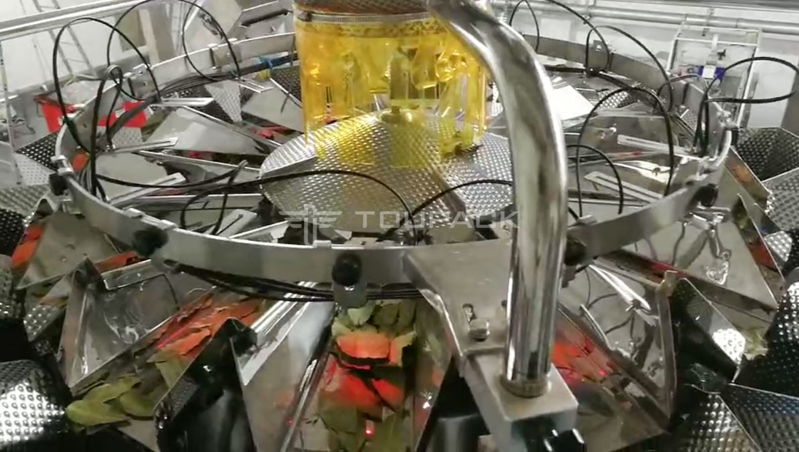 Mesin Pengemasan Penimbang Vertikal Otomatis Untuk Daun Teh Kering Daun Teluk Dengan 14 Kepala Multihead Weigher