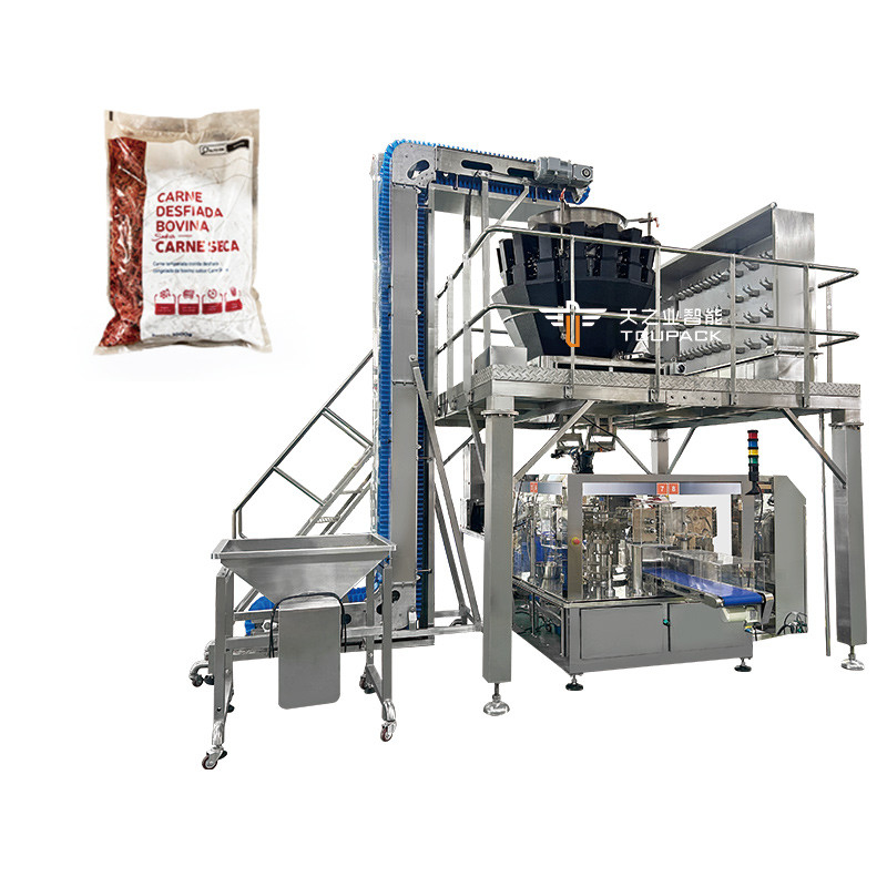 14 Kepala Multihead Weigher Pet Packing Machine Ikan Anak anjing kucing Pemanasan Makanan 120g 240g 400g 1kg Ziplock Packing Machine