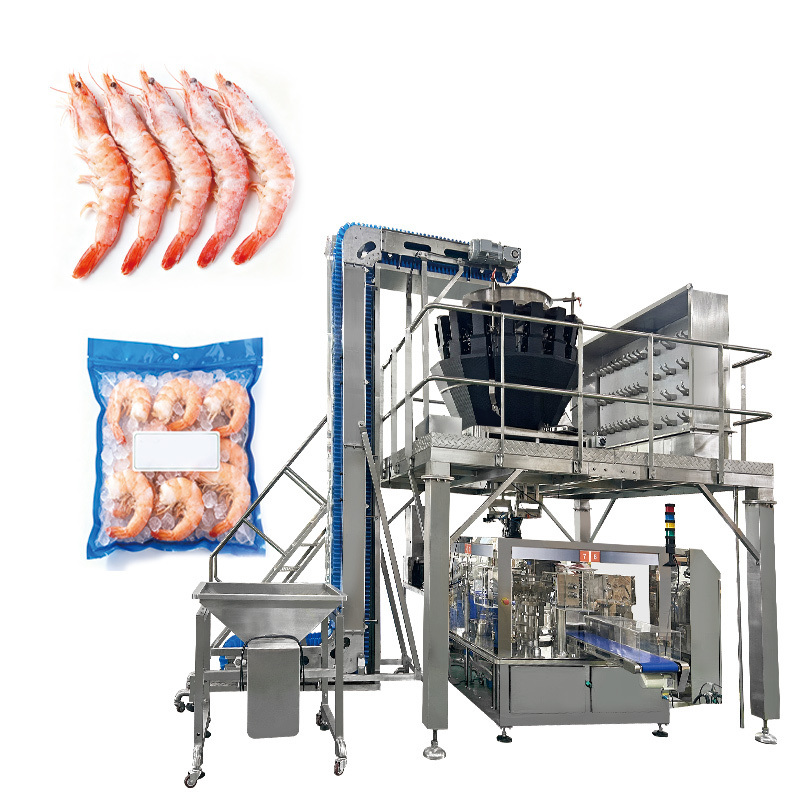 Food Grade Automatic Vacuum Frozen Food Pouch Packing Machine Shrimp Squid Rings Bag Multihead Weigher Filling Packing Machine