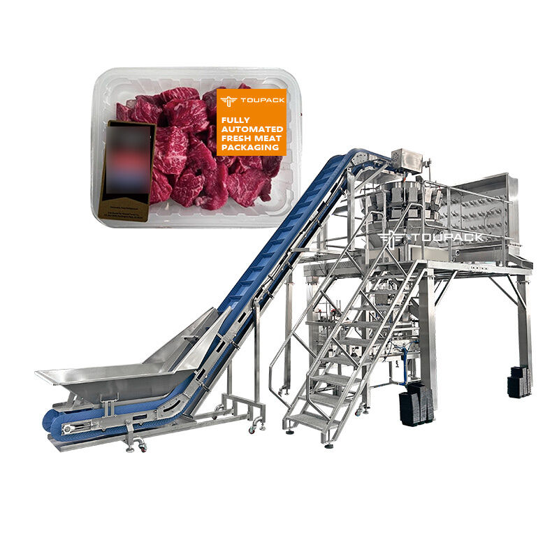 Mesin Pengemasan Makanan Siap Sekrup Penimbang Tray Packing Line Dengan Sekrup Makan Multihead Penimbang