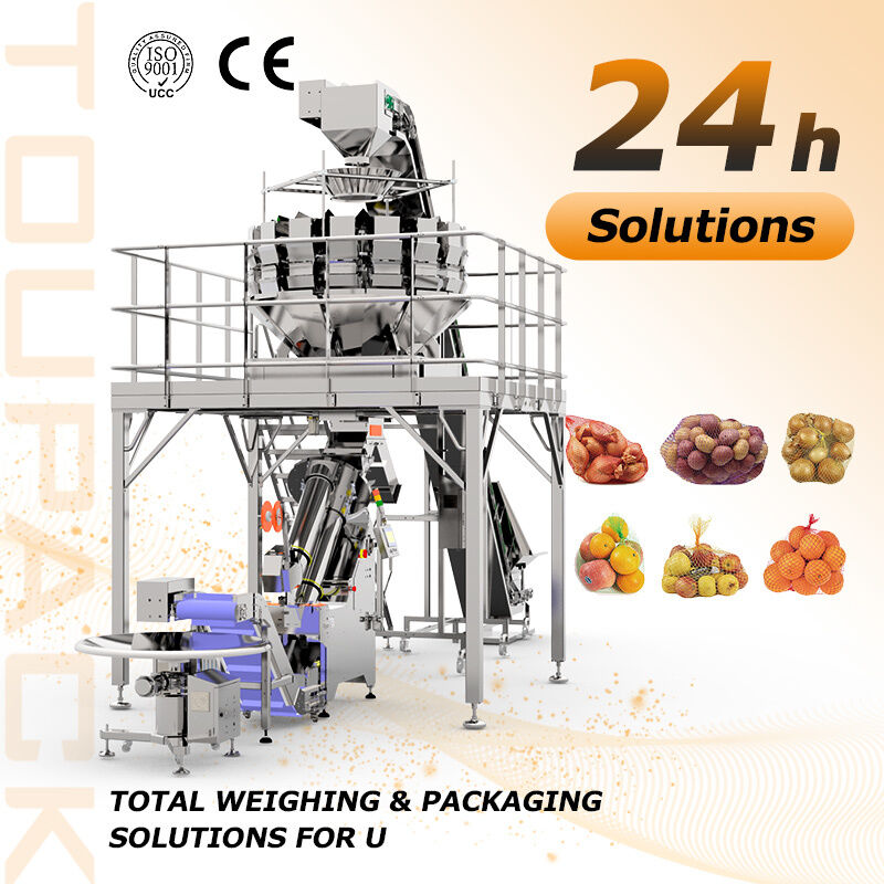Industrial Potato Mesh Bag Packaging Line dengan Automatic Weigher Net Bag Filling Clipping dan Tag Inserter