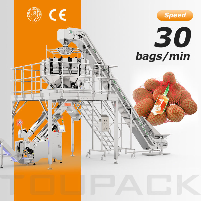 Industrial Potato Mesh Bag Packaging Line dengan Automatic Weigher Net Bag Filling Clipping dan Tag Inserter