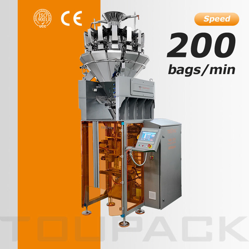 Mesin Pengemasan Otomatis VFFS Untuk Pengemasan Makanan Dengan Multihead Weigher 20-200 Paket Per Menit Sistem Menimbang Keakuratan Tinggi
